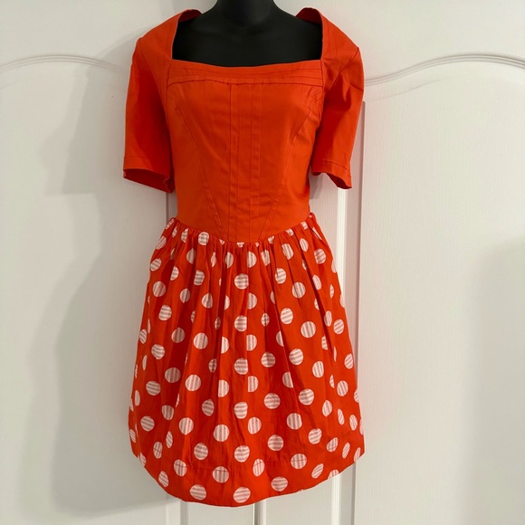 Anthropologie Maeve Vibrant Short sleeve square neck red polka dot mini Dress - Picture 4 of 11